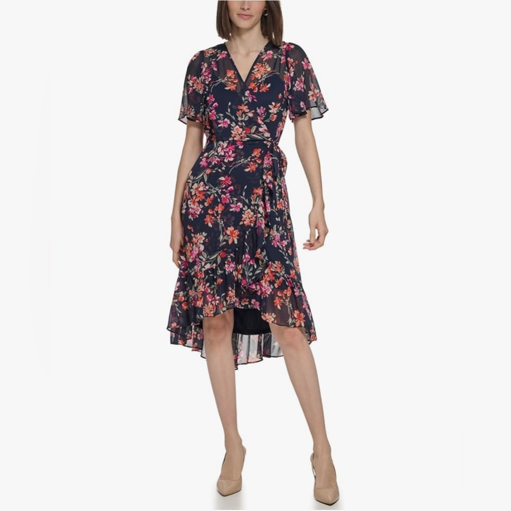 NWT Calvin Klein Chiffon Floral Print High Low Midi Dress - Indigo Multi Size 14